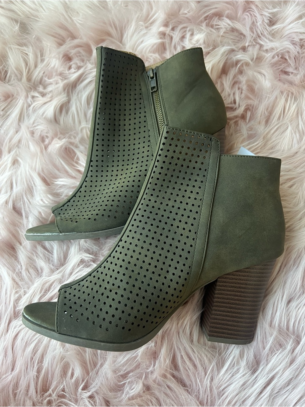 Payless Olive Perforated Peep-Toe Block Heel Booties 9.5 NWT